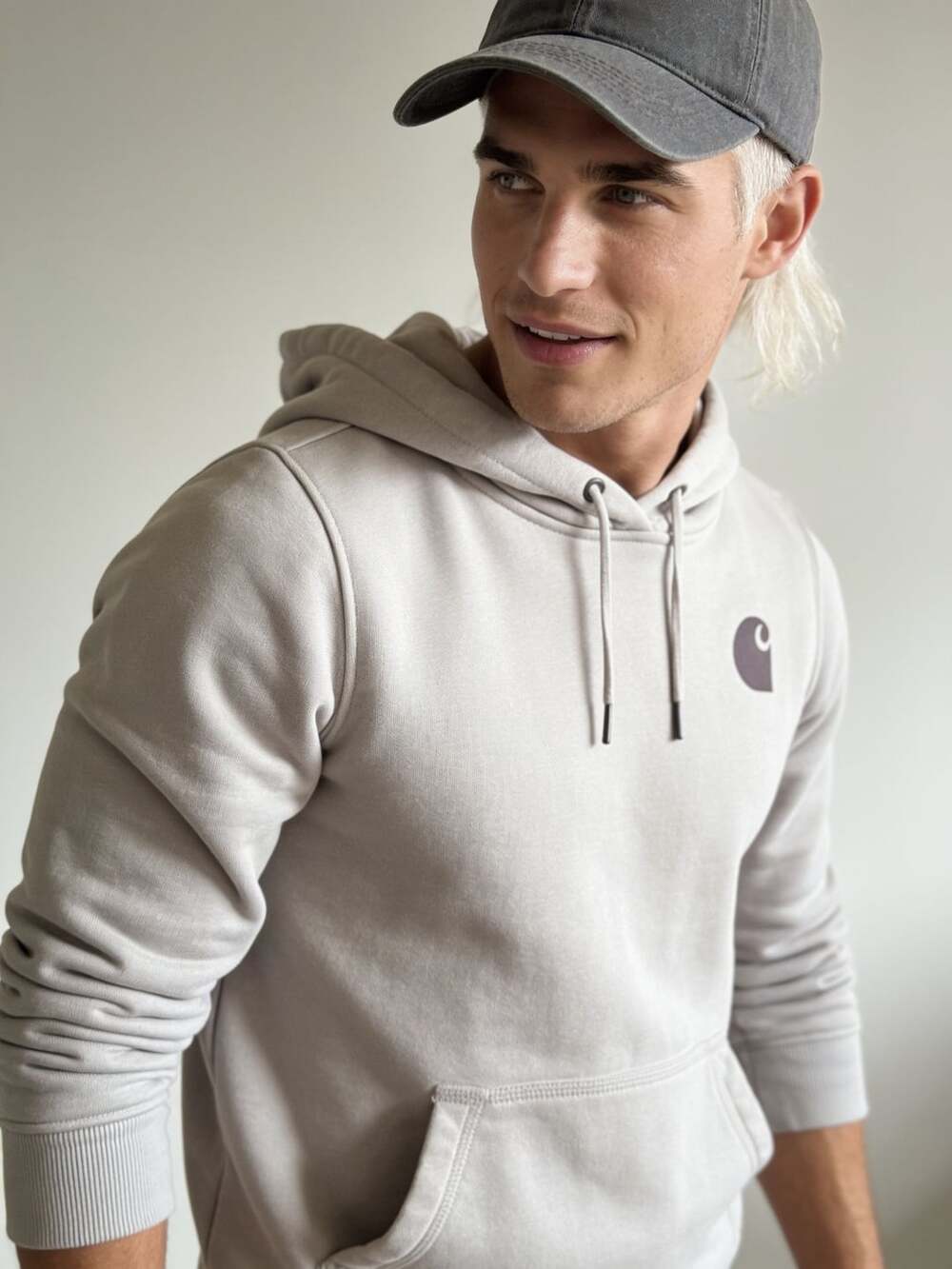Carhartt Relaxed Fit Hooded Sweatshirt Beige with Purple Logo